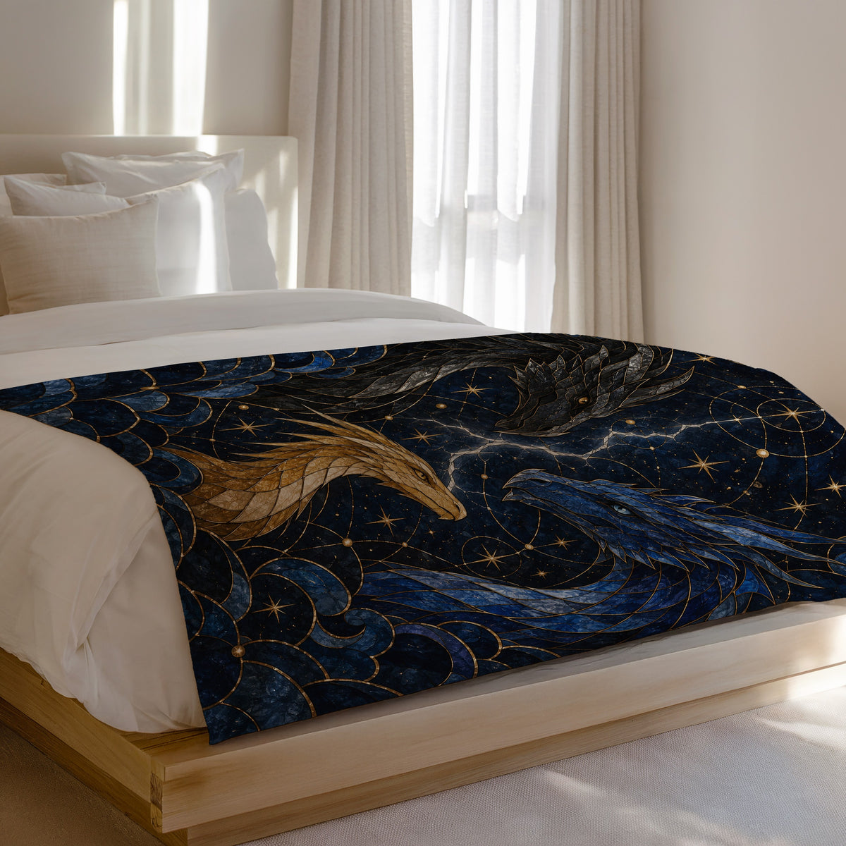 Dragon Bond Velveteen Plush Blanket on a bed