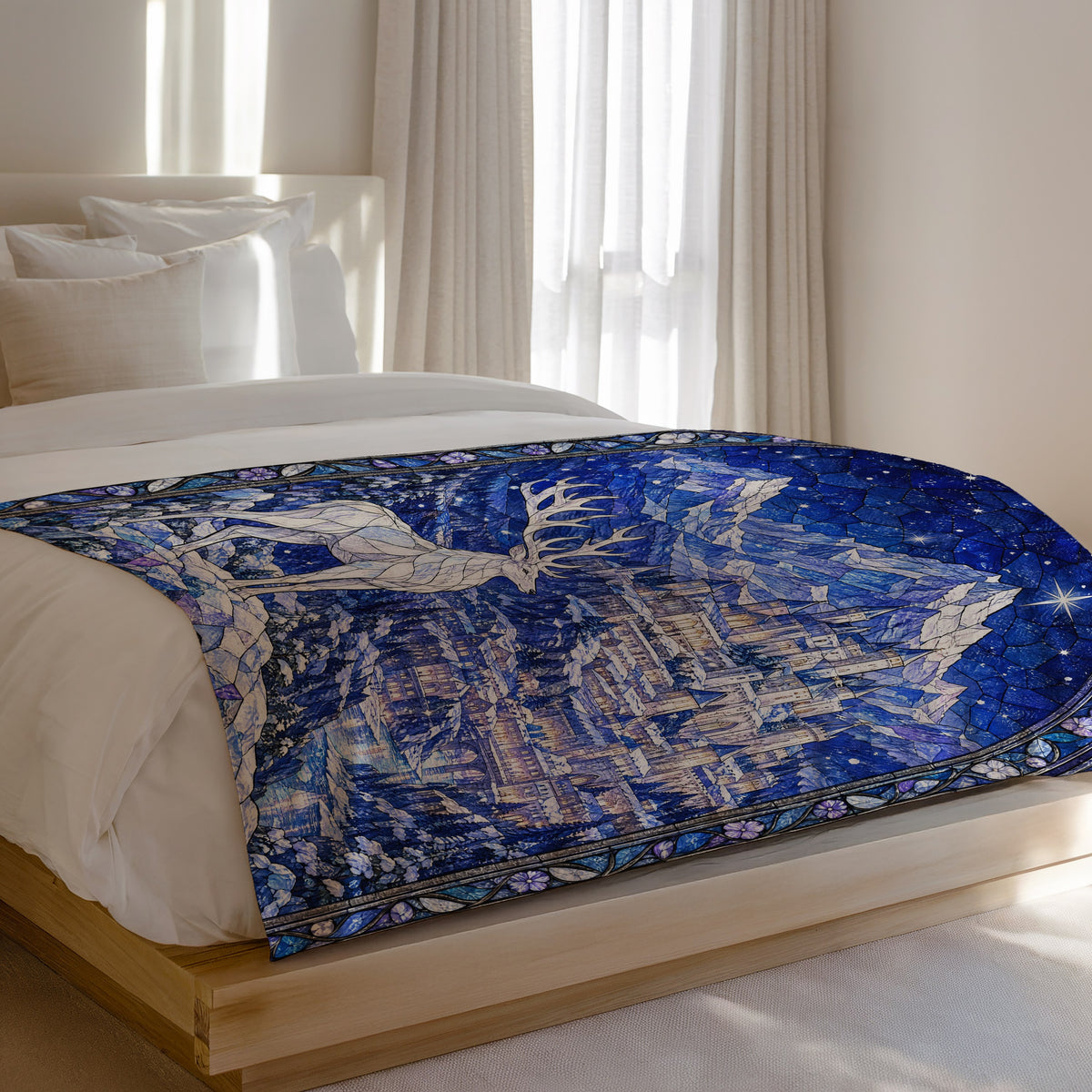 Orynth in Winter Stained Glass Velveteen Plush Blanket on a bed