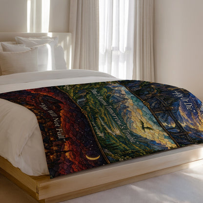 Empyrean Stained Glass Velveteen Plush Blanket on a bed