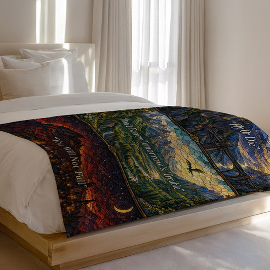 Empyrean Stained Glass Velveteen Plush Blanket on a bed