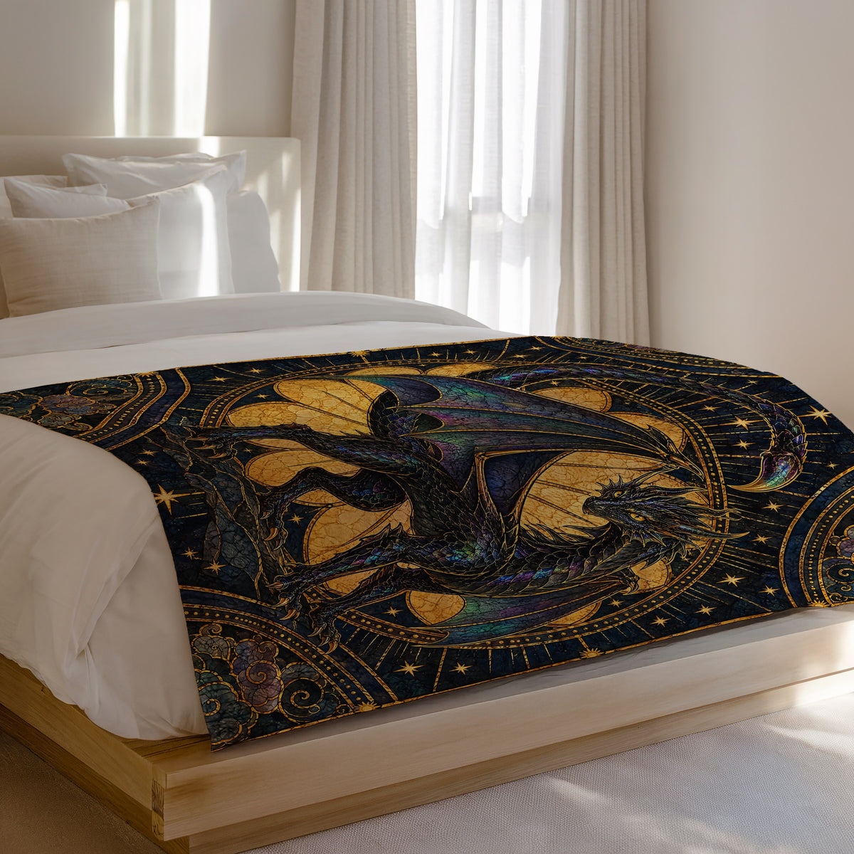 Andarna's Colors Stained Glass Velveteen Plush Blanket on a bed