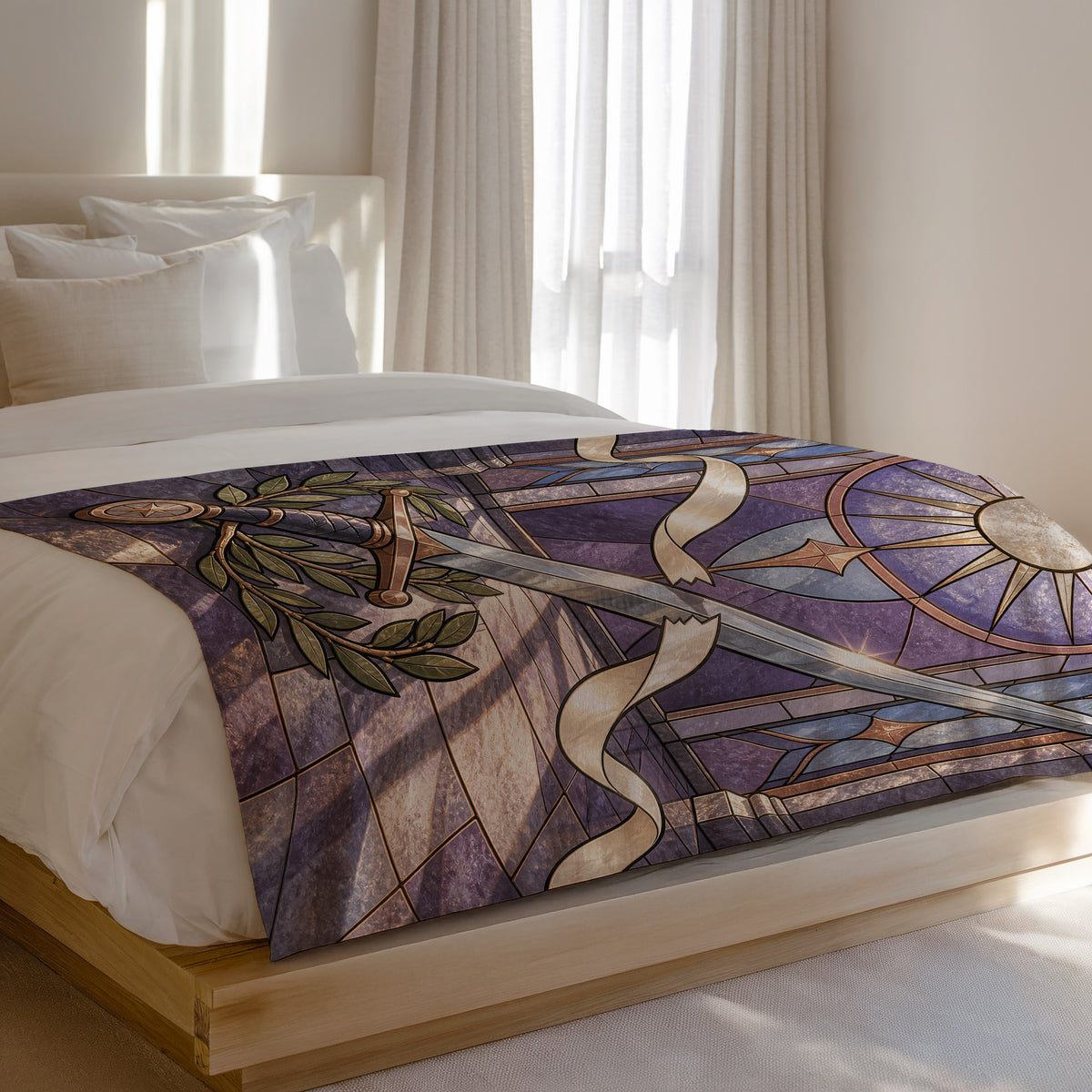 Radiant Blade Velveteen Plush Blanket on a bed