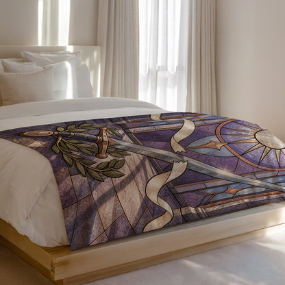 Radiant Blade Velveteen Plush Blanket on a bed