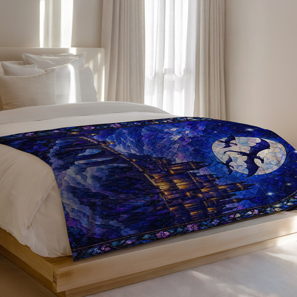 Basgiath by Night Stained Glass Velveteen Plush Blanket on a bed