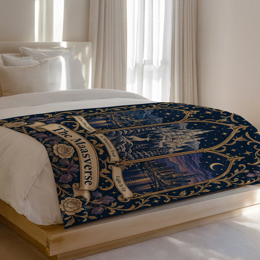 Maasverse Three Realms Crest Velveteen Plush Blanket on a bed