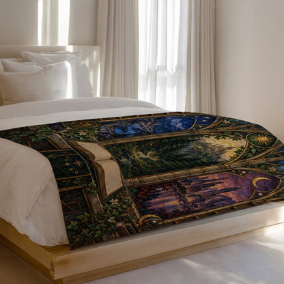 Maasverse Realms Velveteen Plush Blanket on a bed
