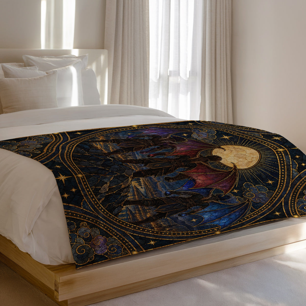 Illyrian Trio Stained Glass Velveteen Plush Blanket on a bed