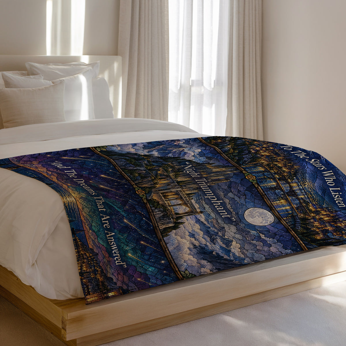 Night Court Stained Glass Velveteen Plush Blanket on a bed