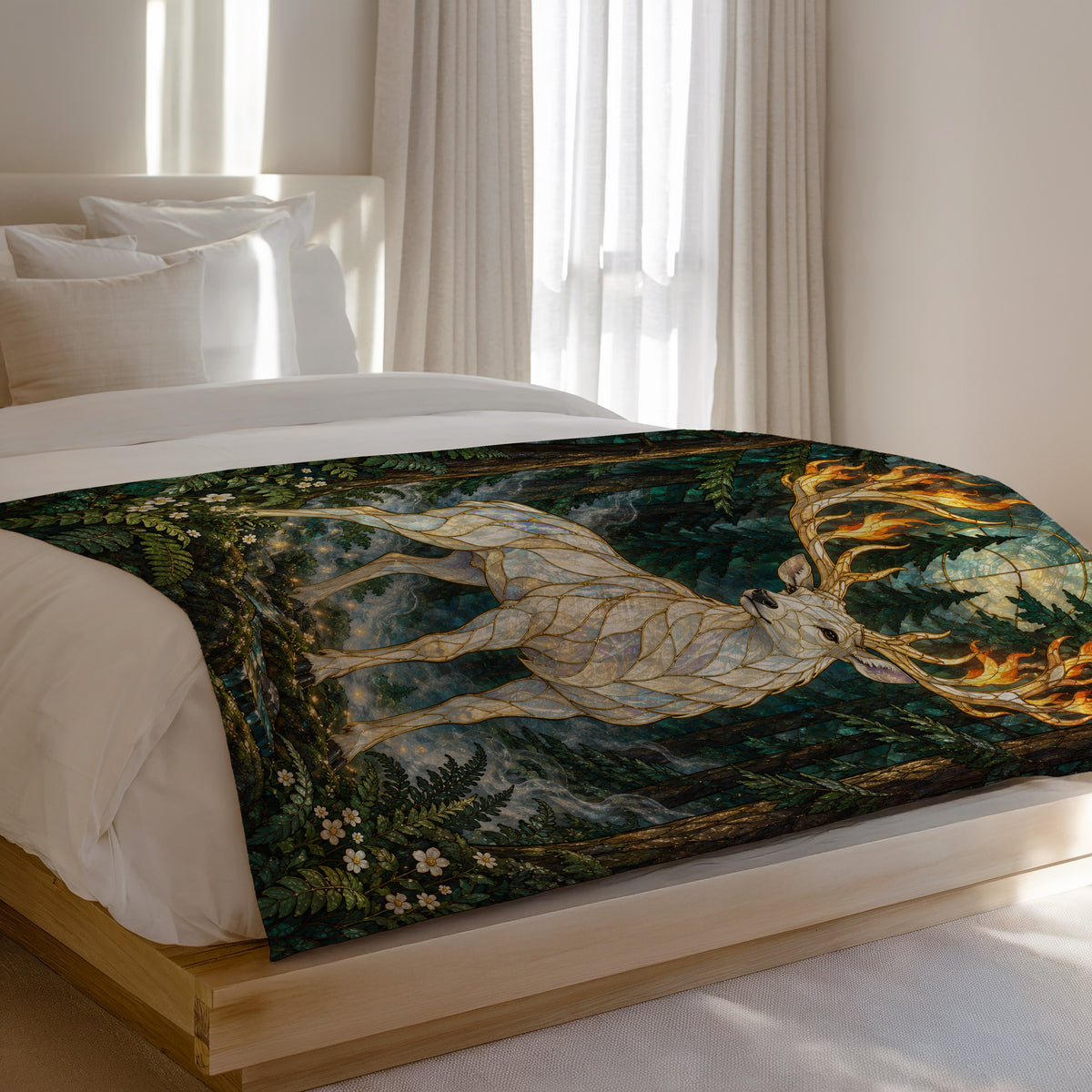 Terrasen Stag Velveteen Plush Blanket on a bed