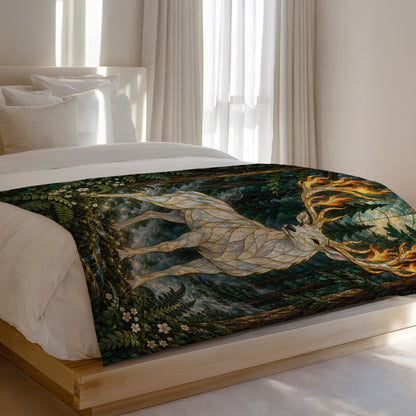 Terrasen Stag Velveteen Plush Blanket on a bed