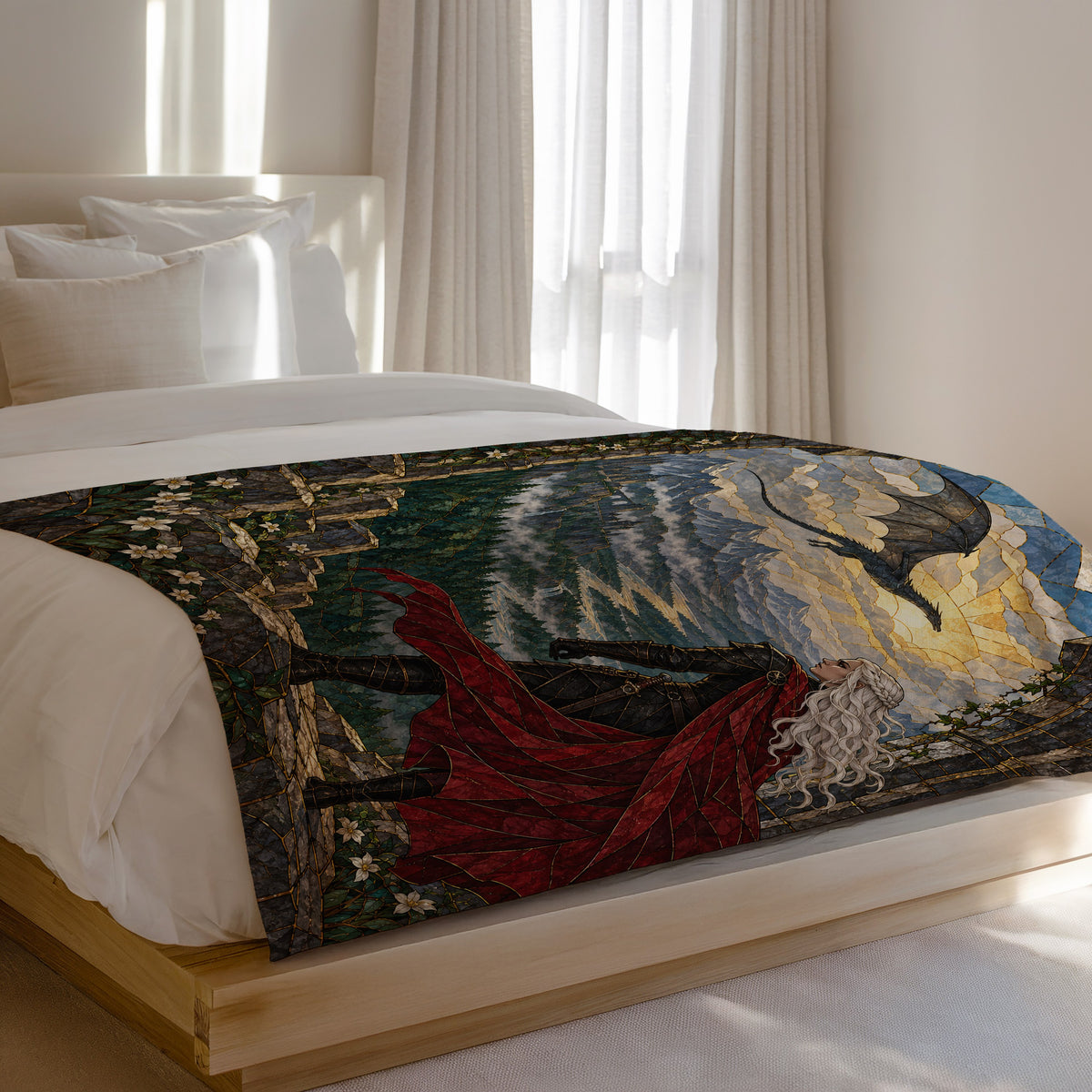 Wyvern at the Mountain Pass Velveteen Plush Blanket on a bed