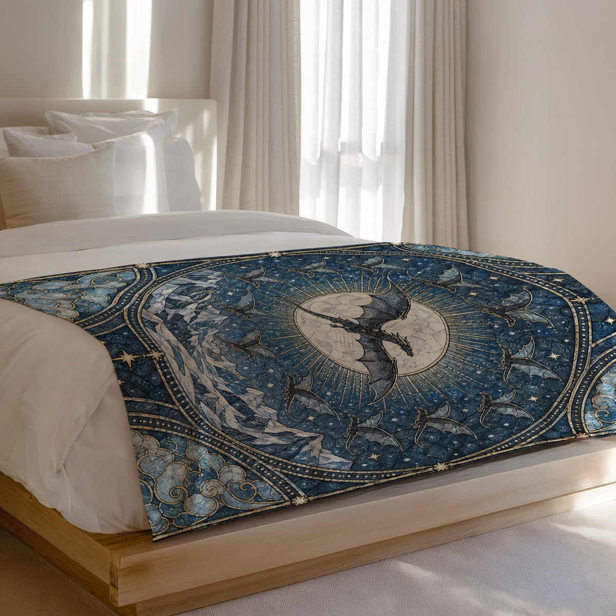 The Thirteen Stained Glass Velveteen Plush Blanket on a bed