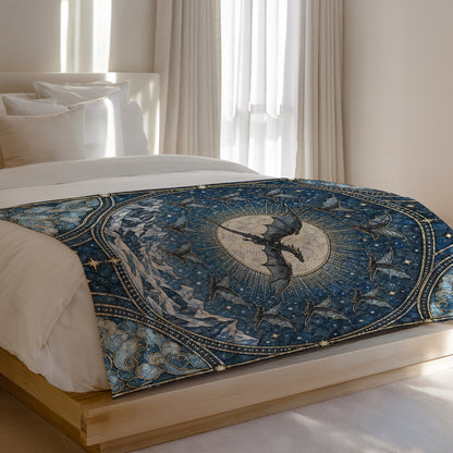 The Thirteen Stained Glass Velveteen Plush Blanket on a bed