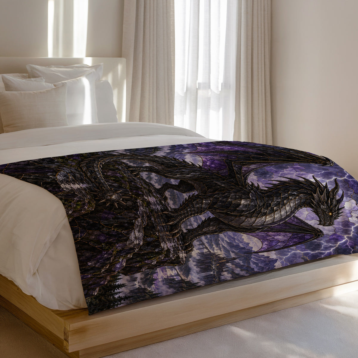 Storm Tairn Velveteen Plush Blanket on a bed