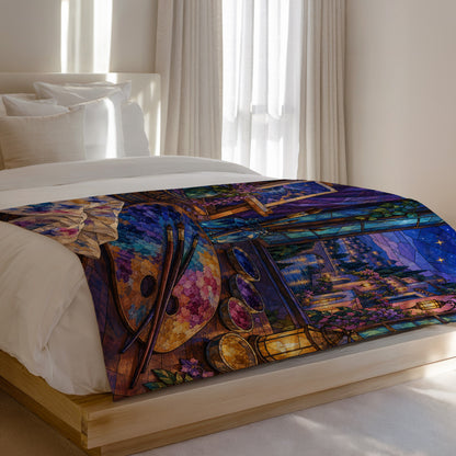 The Rainbow of Velaris Velveteen Plush Blanket on a bed