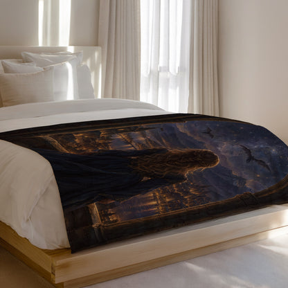Feyre over Velaris Velveteen Plush Blanket on a bed