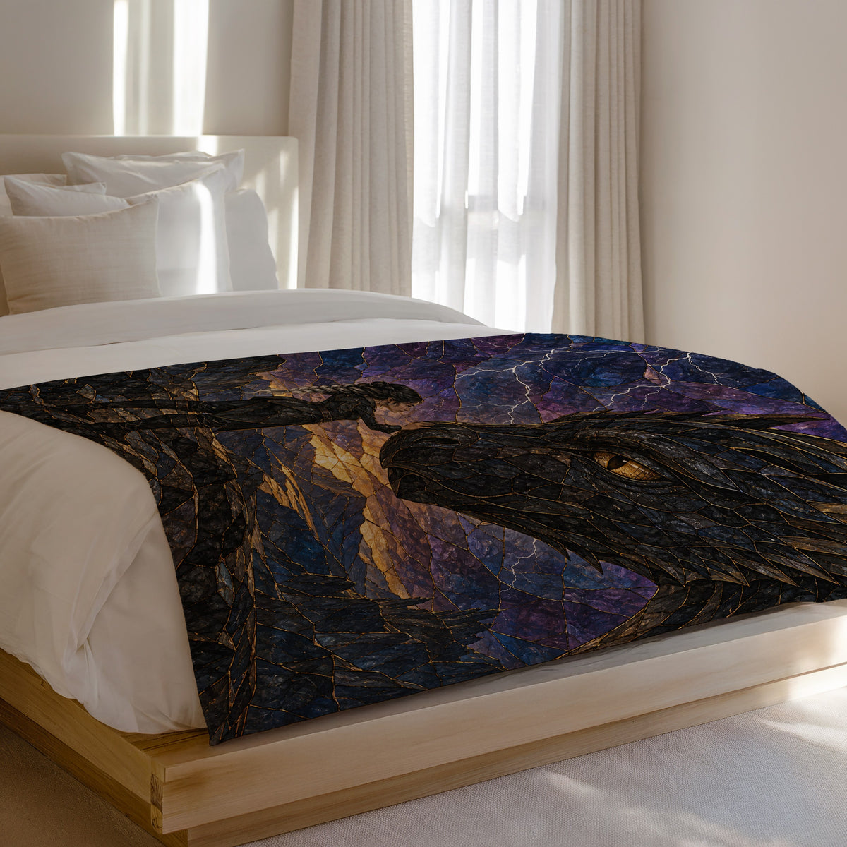 Dragon Rider Velveteen Plush Blanket on a bed