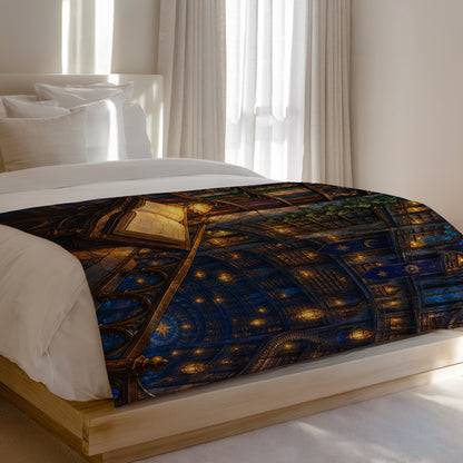 Midnight House of Wind Velveteen Plush Blanket on a bed