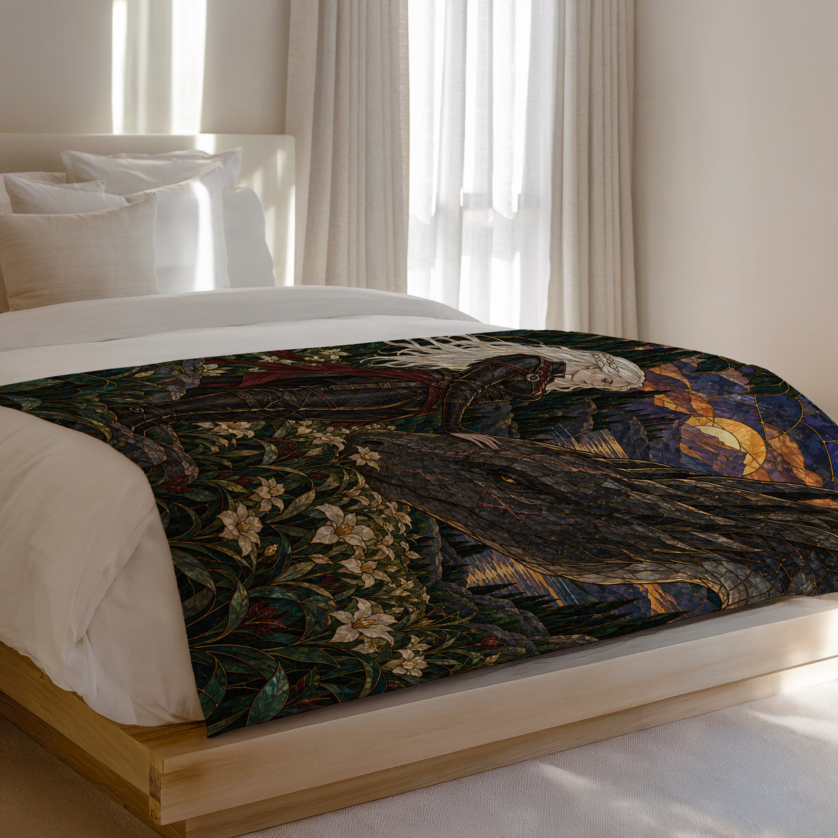 Wildflower Truce Velveteen Plush Blanket on a bed