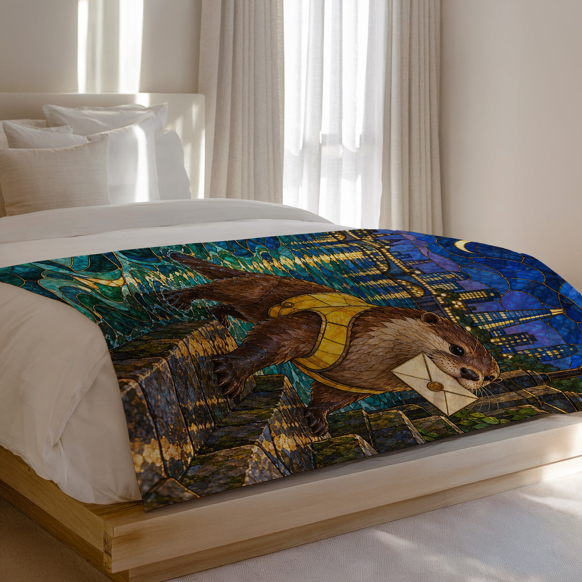 Otter Velveteen Plush Blanket on a bed
