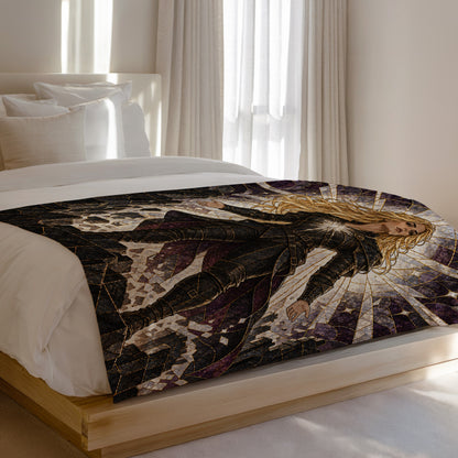 Asterin's Yielding Velveteen Plush Blanket on a bed