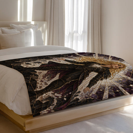 Asterin's Yielding Velveteen Plush Blanket on a bed