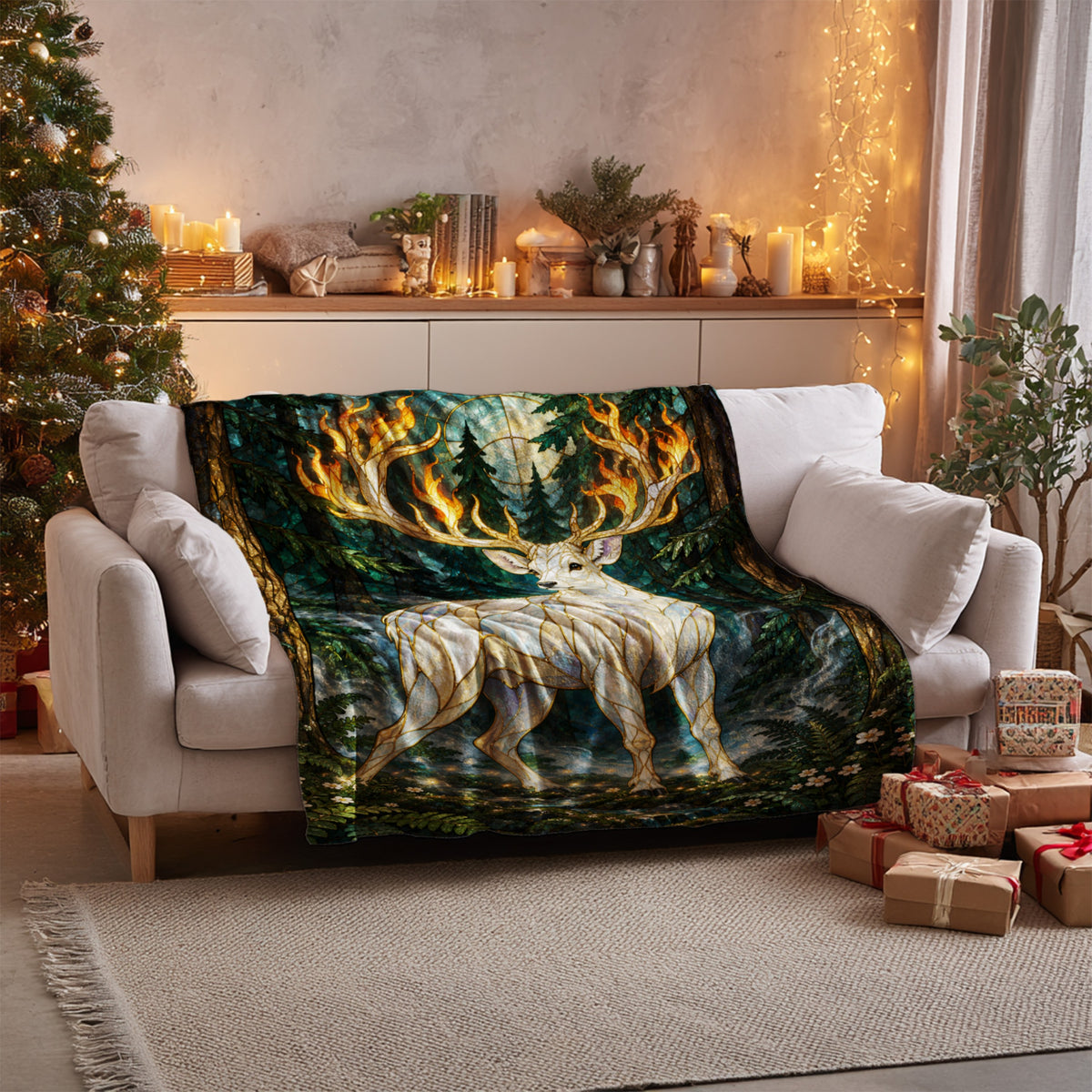Terrasen Stag Velveteen Plush Blanket on a sofa