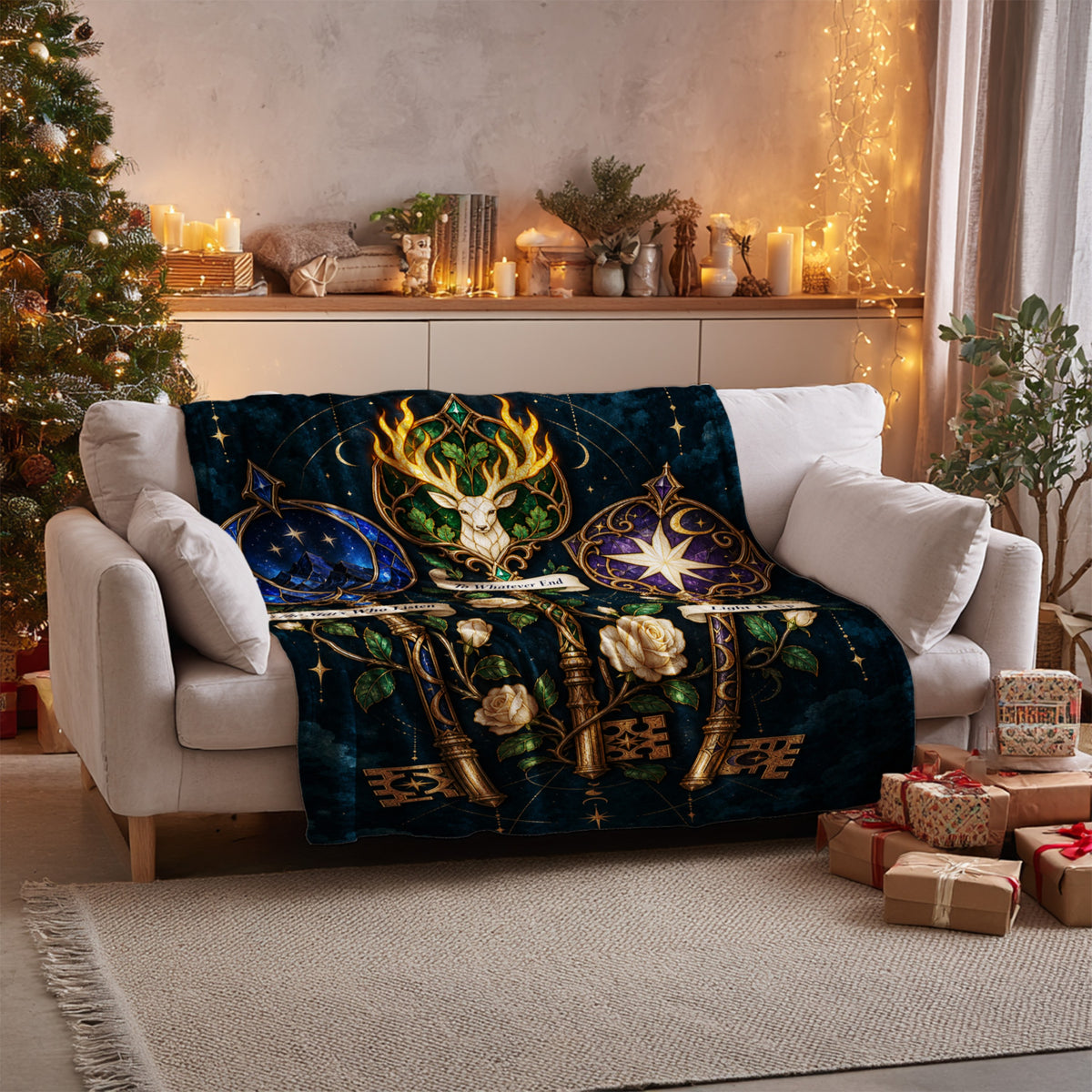 Bookish Maasverse Velveteen Plush Blanket on a sofa