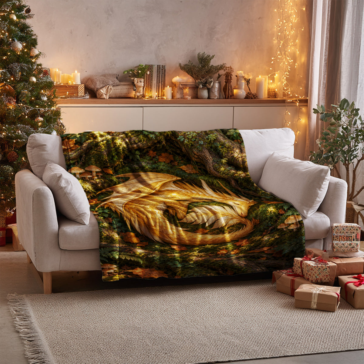 Golden Dragon Velveteen Plush Blanket on a sofa