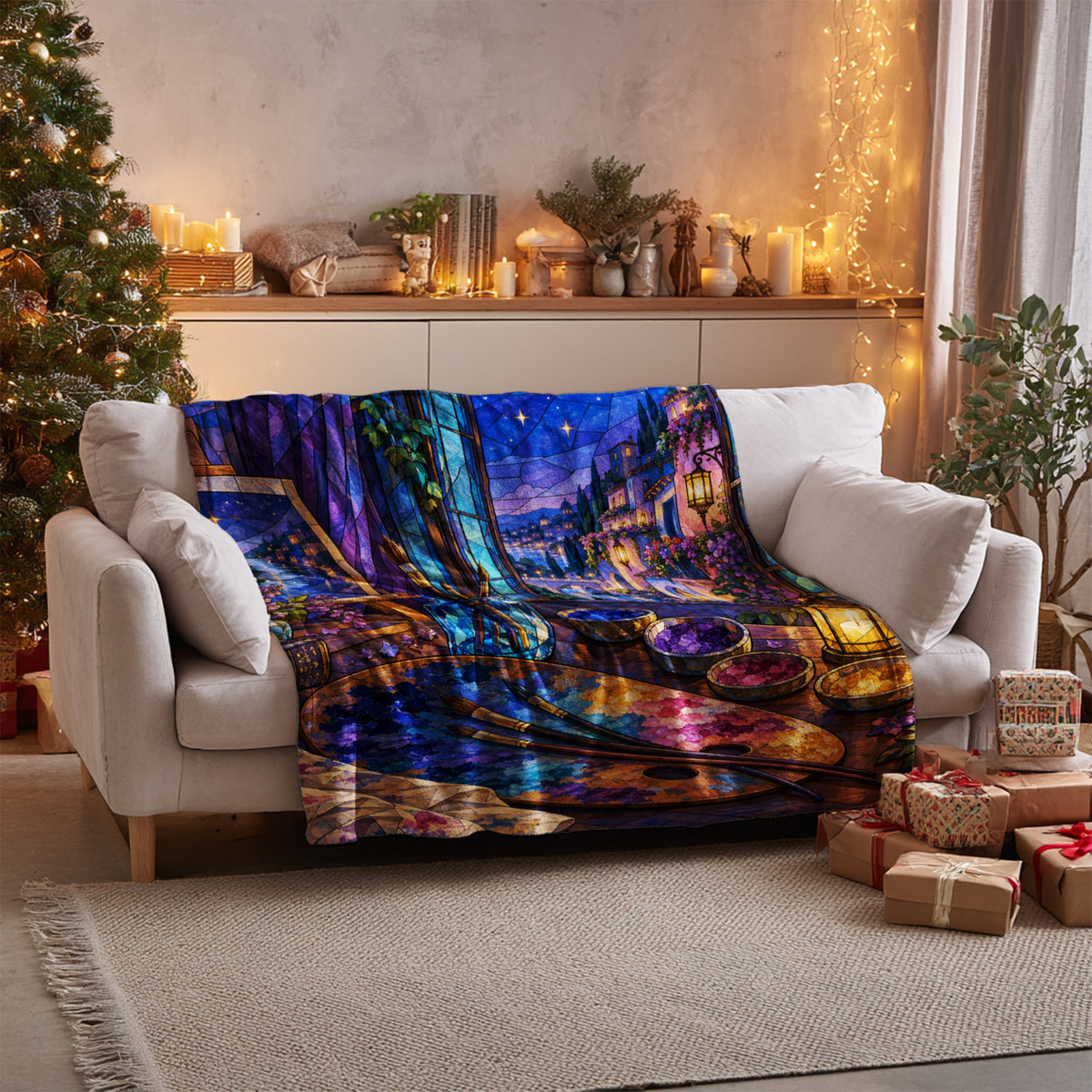 The Rainbow of Velaris Velveteen Plush Blanket on a sofa