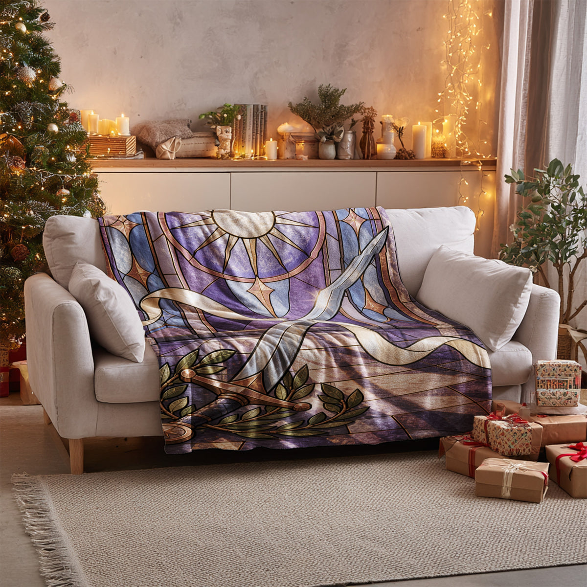 Radiant Blade Velveteen Plush Blanket on a sofa