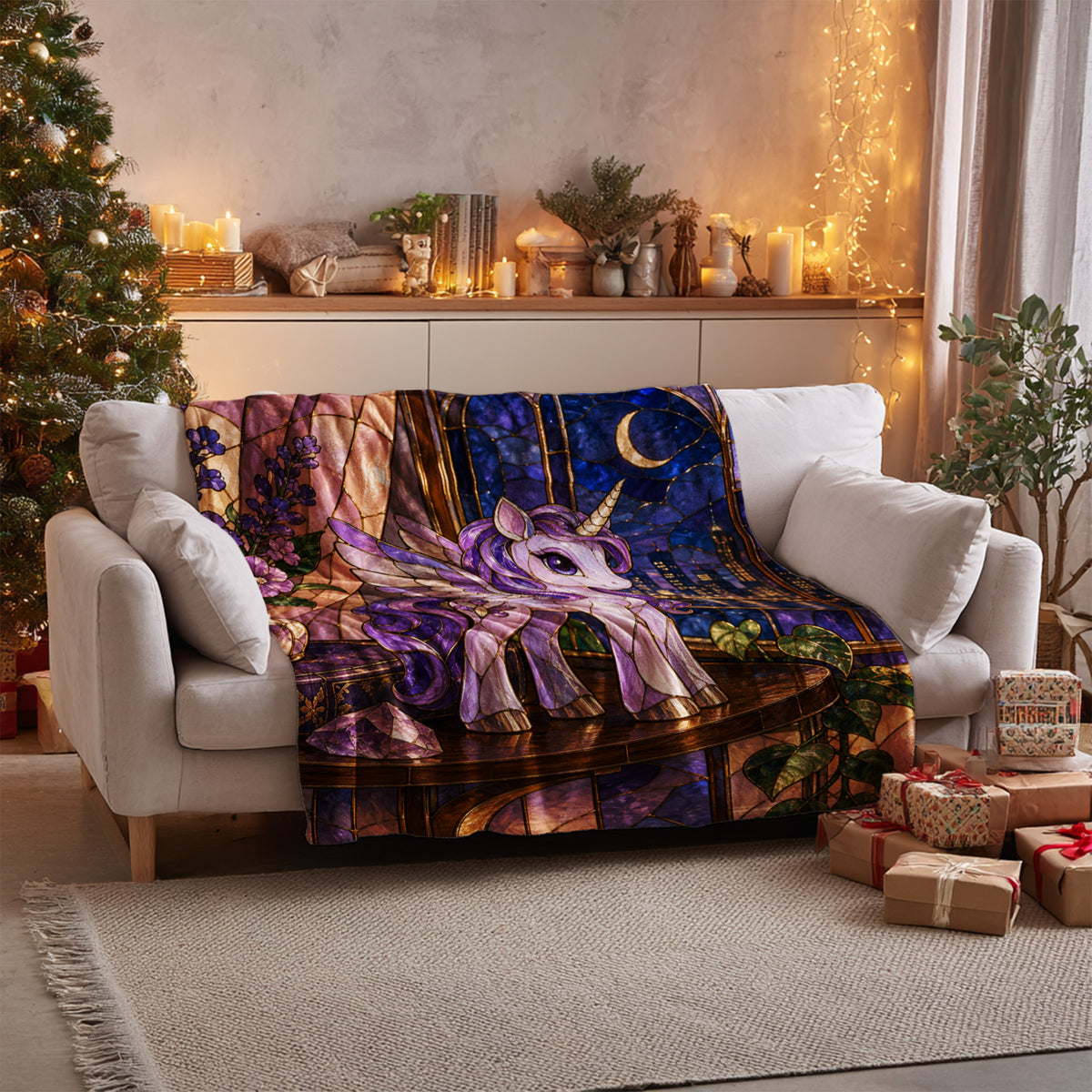 Pegasus Velveteen Plush Blanket on a sofa