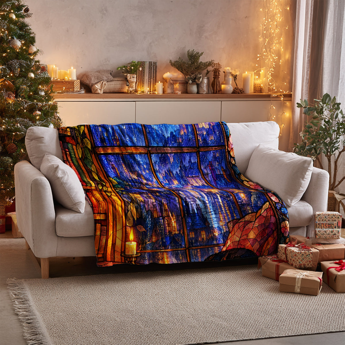 The Reader's Window Stained Glass Velveteen Plush Blanket on a sofa