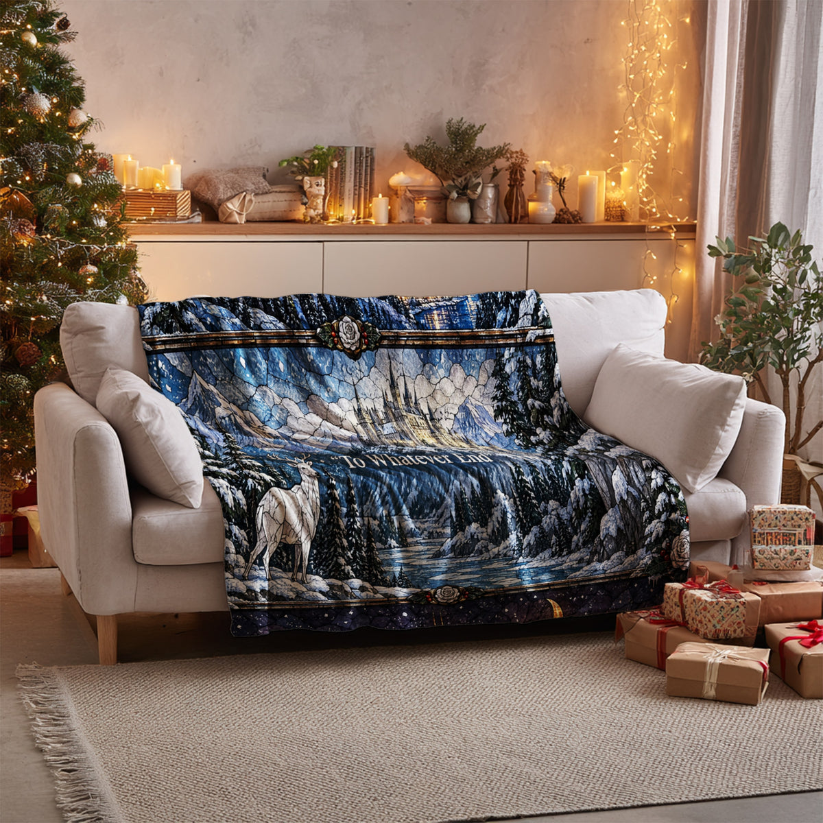 Winter Maasverse Stained Glass Velveteen Plush Blanket on a sofa
