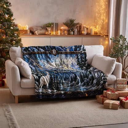 Winter Maasverse Stained Glass Velveteen Plush Blanket on a sofa