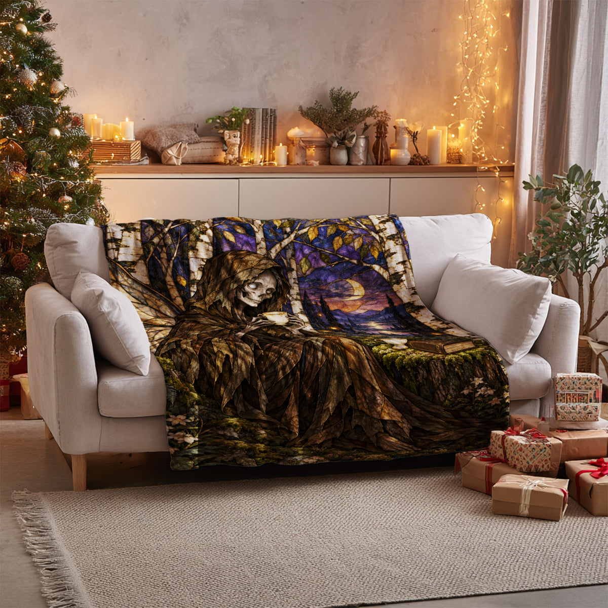 Suriel Tea Velveteen Plush Blanket on a sofa