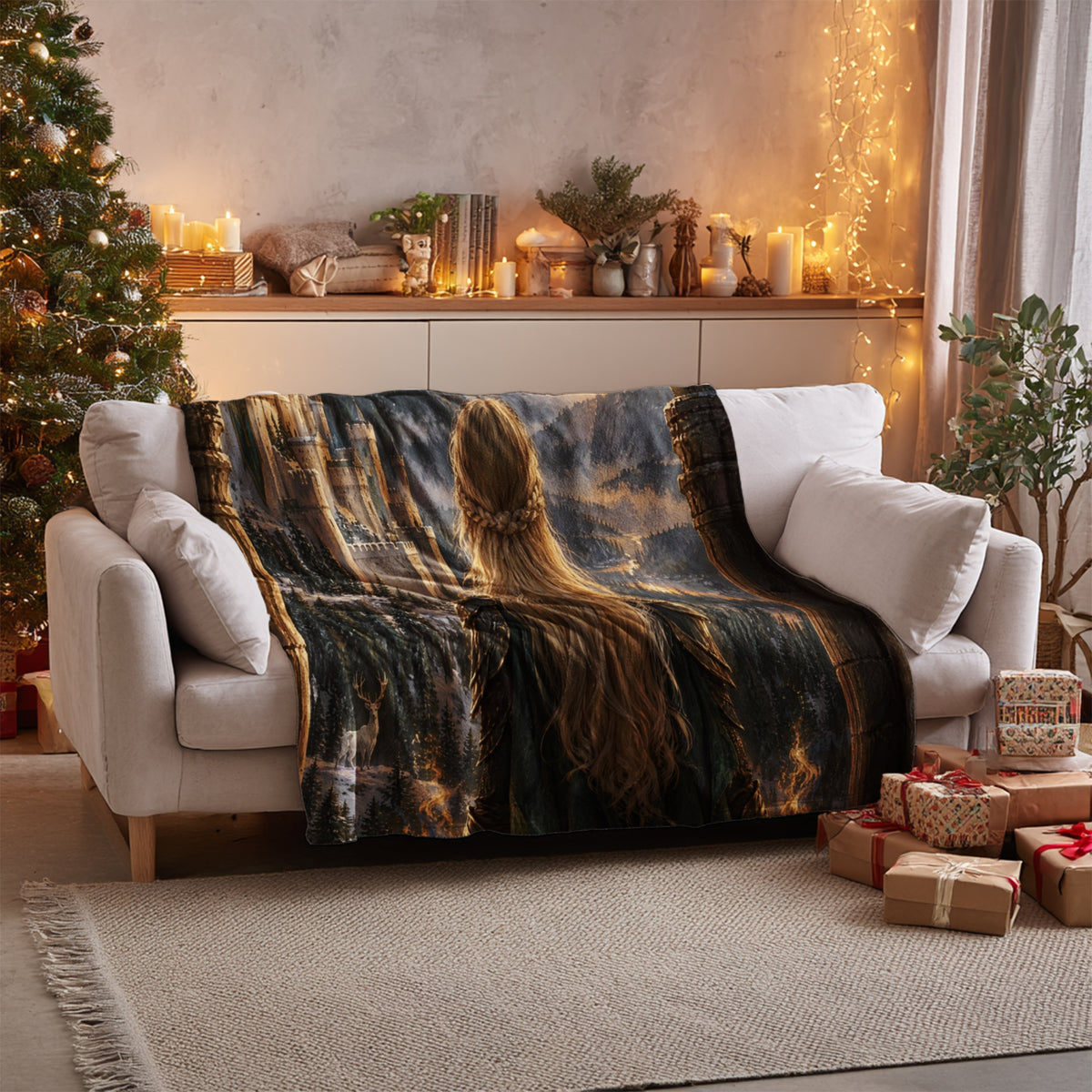 Aelin on the Walls of Orynth Velveteen Plush Blanket on a sofa