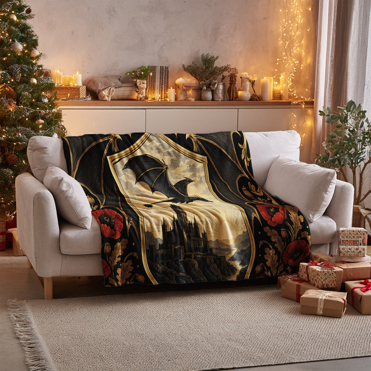 Basgiath Dragon Rider Crest Velveteen Plush Blanket on a sofa