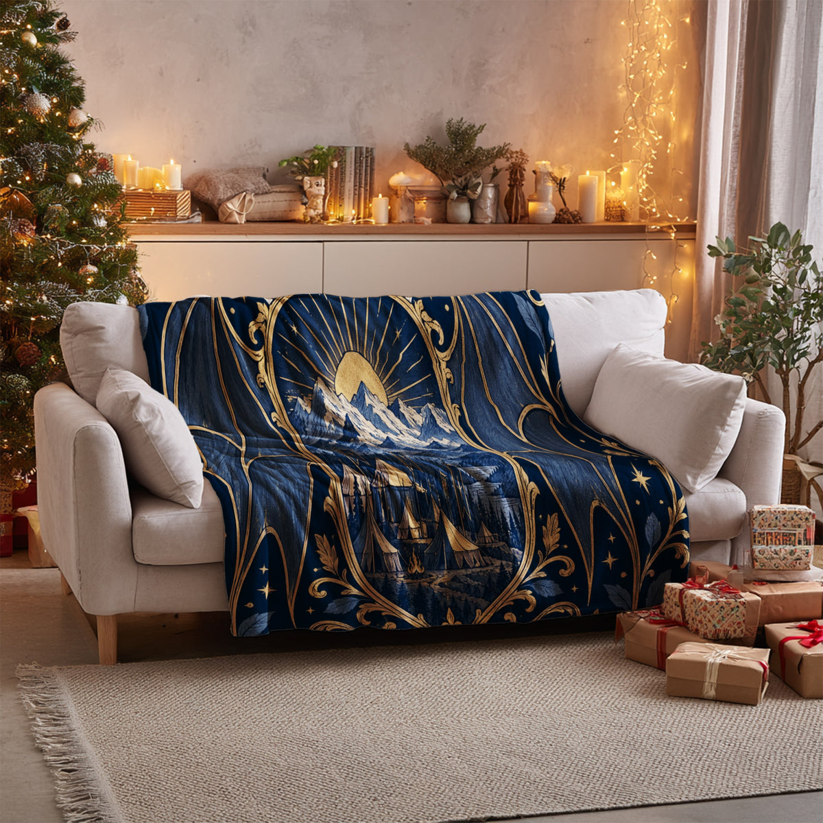 Illyrian Crest Velveteen Plush Blanket on a sofa