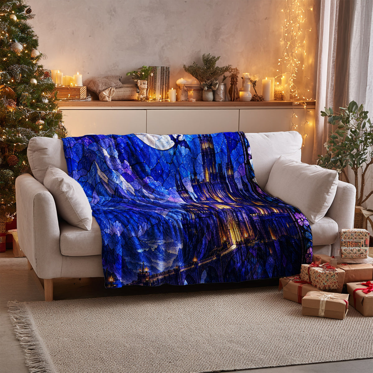 Basgiath by Night Stained Glass Velveteen Plush Blanket on a sofa