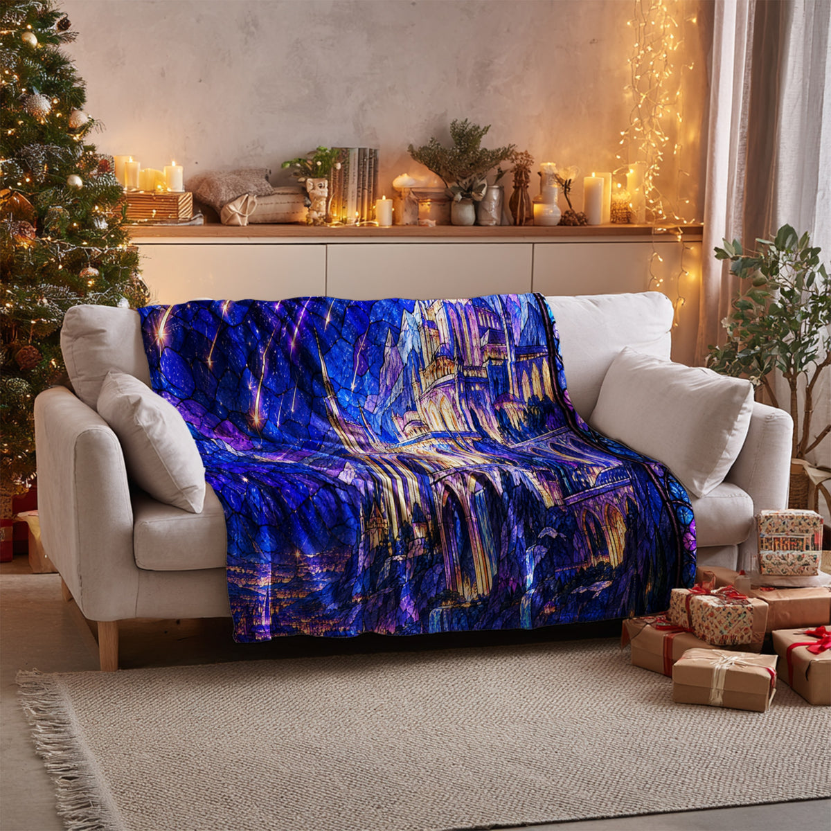 Starfall over Velaris Stained Glass Velveteen Plush Blanket on a sofa