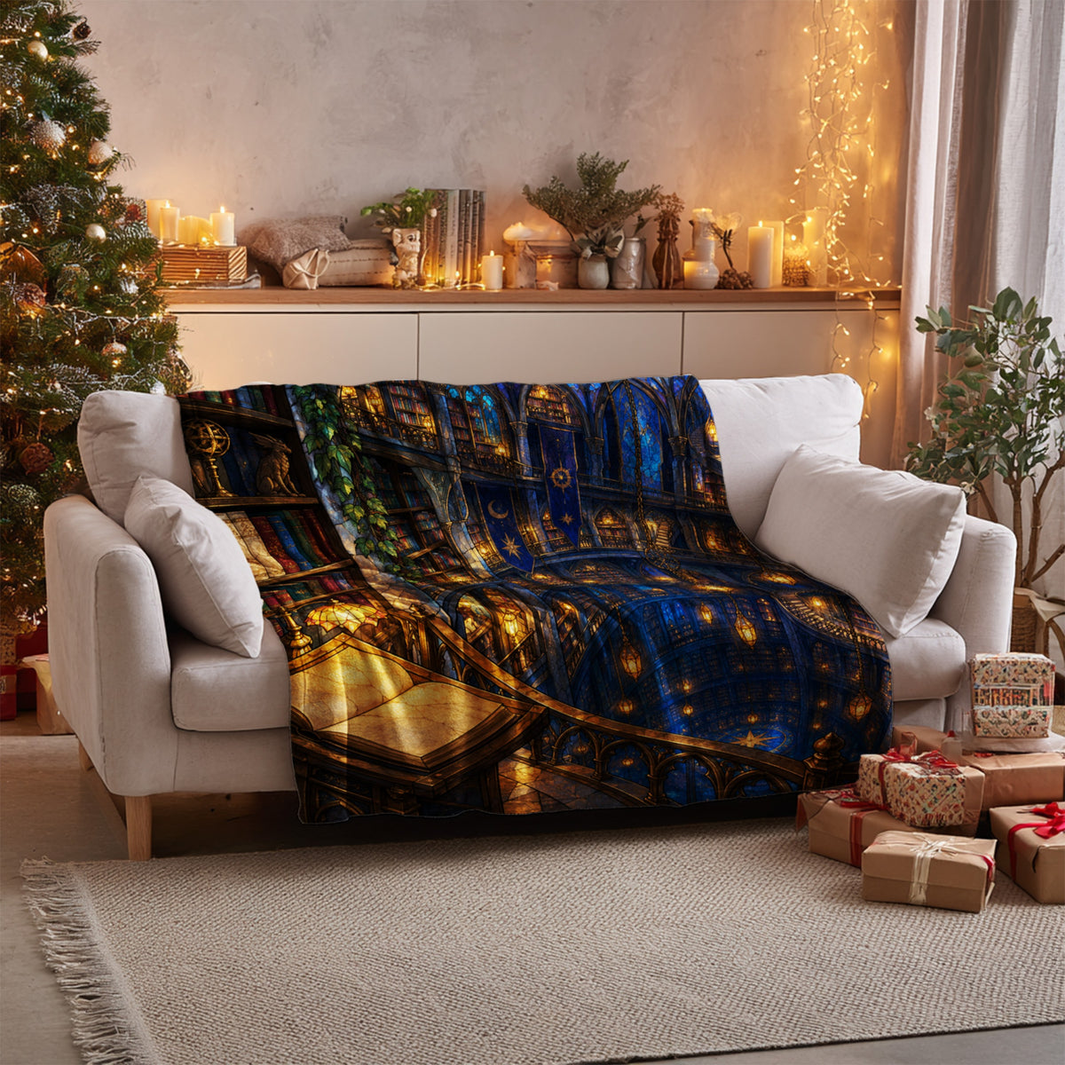 Midnight House of Wind Velveteen Plush Blanket on a sofa