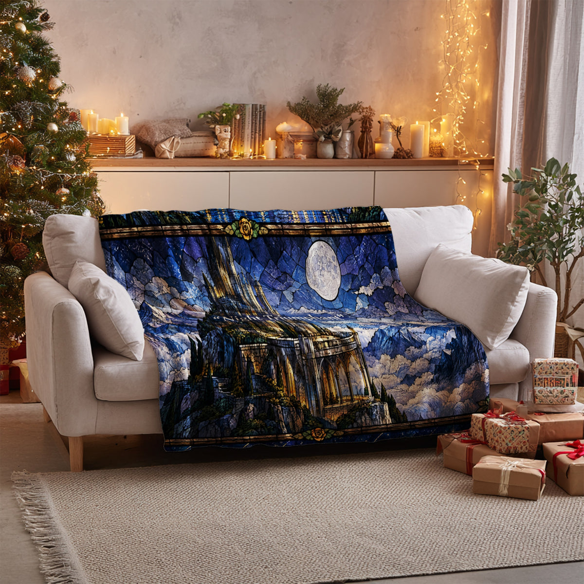 Night Court Stained Glass Velveteen Plush Blanket on a sofa