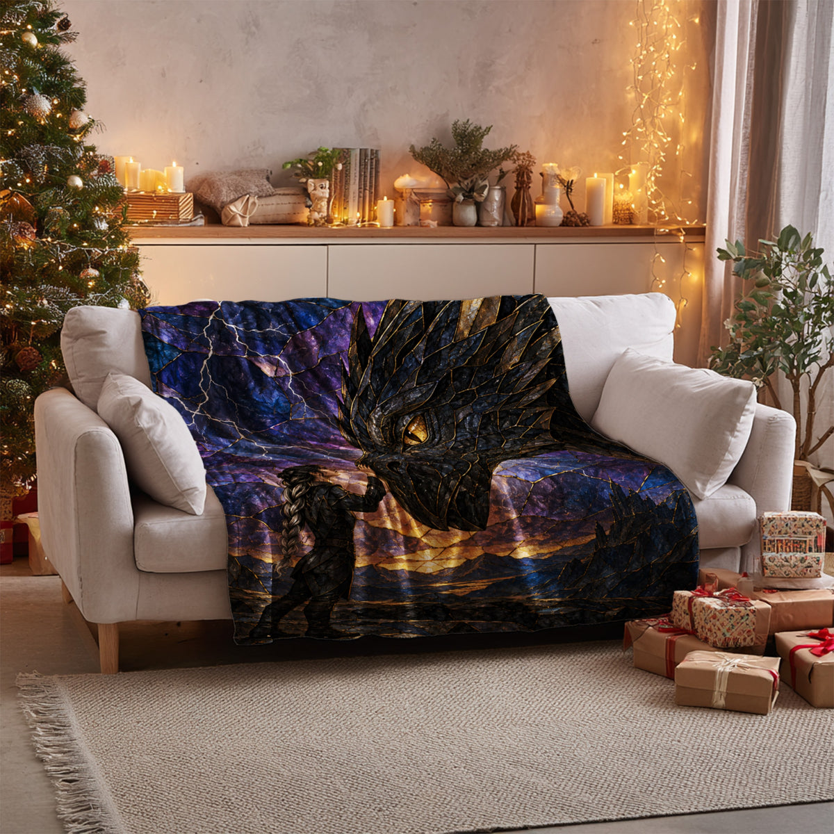 Dragon Rider Velveteen Plush Blanket on a sofa