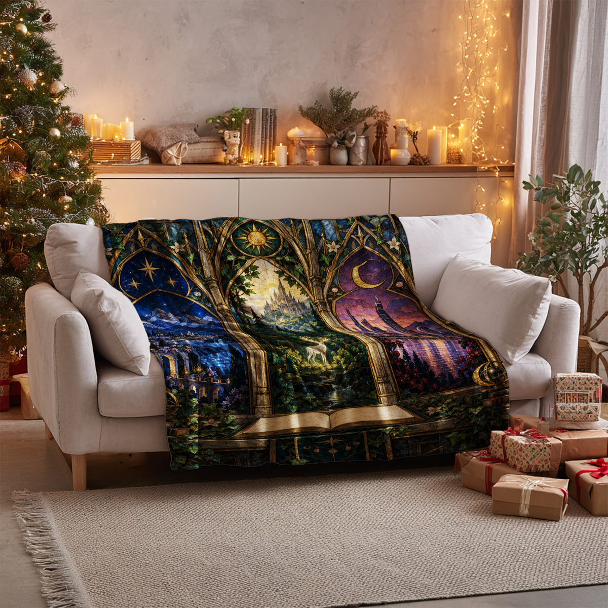 Maasverse Realms Velveteen Plush Blanket on a sofa