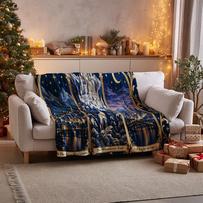 Maasverse Three Realms Crest Velveteen Plush Blanket on a sofa