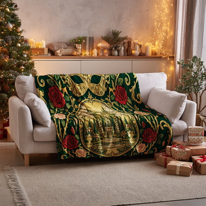 Spring Court Masquerade Crest Velveteen Plush Blanket on a sofa