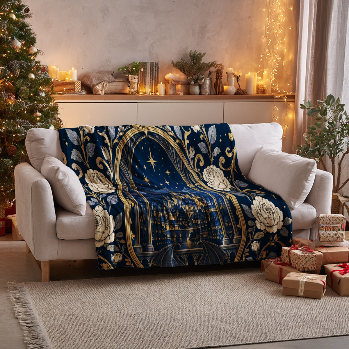 Hello Feyre Darling Crest Velveteen Plush Blanket on a sofa