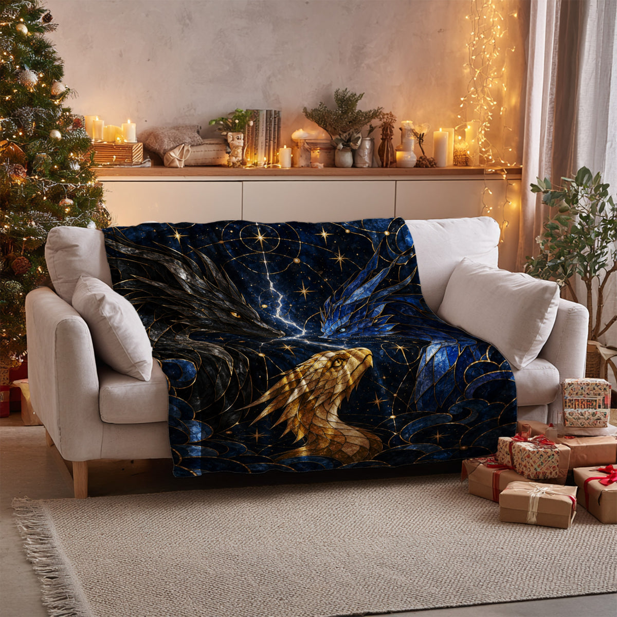 Dragon Bond Velveteen Plush Blanket on a sofa