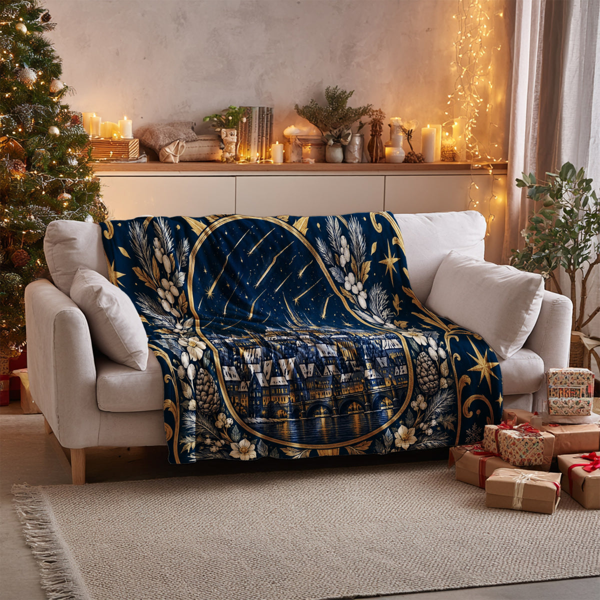 Starfall City of Starlight Crest Velveteen Plush Blanket on a sofa
